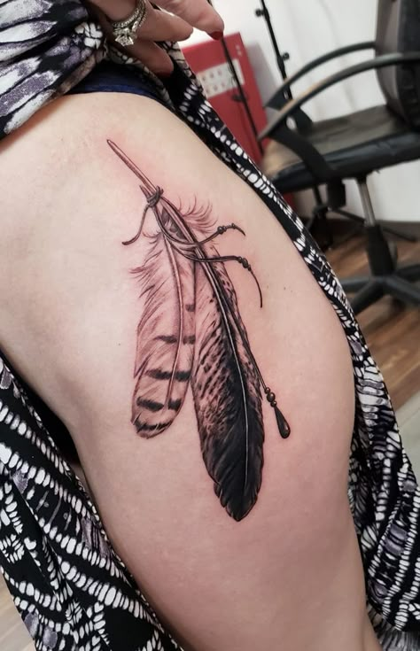 Feather Tattoos Western, Black And Gray Feather Tattoo, Western Feather Tattoo, Realistic Feather Tattoo, Native Feather Tattoos, Eagle Feather Tattoo, Native American Feather Tattoo, Owl Feather Tattoos, Thunderbird Tattoo