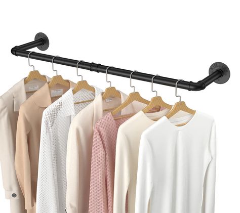 PRICES MAY VARY. Industrial Style: Our Pipe clothes rack is made of great material pipe, is made of high quality iron,unique and vintage look is suitable for your modern rustic steampunk farmhouse house, the clothes rack could be used in your home, bedroom, hallway, closet, laundry entryway, which can well match the various styles of your home, and it is the best choice for you! Sturdy and Durable : Our industrial pipe rack material is very great and durable, pls use 7mm drill bit to drill holes Clothing Rack Ideas, Opening A Salon, Laundry Room Drying, Master Closet Ideas, Washroom Ideas, Wall Mounted Clothing Rack, Retail Display Shelves, Pipe Clothes Rack, Organized Spaces