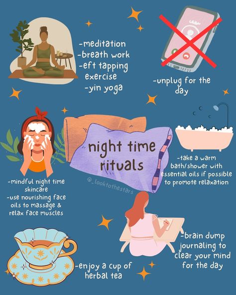 You are guaranteed a relaxing night by incorporating at least 3 of these rituals into your daily night time routine ✨🌛 In order for your body to relax it has to understand it’s time to relax. My favorite nightly routine to unwind at night is a nice warm cup of tea. The whole act of making the tea & holding the warm mug in my hand while I watch my favorite shows lets me body & mind know this is our time to ✨chill✨ What’s a staple in your night time routine? • • • • #holisticwellness #holi... Night Spiritual Routine, Night Rituals Witch, Night Time Wind Down Routine, Nighttime Rituals Witch, Witch Night Routine, Slow Night Routine, Witchy Night Routine, Spiritual Night Routine, Night Time Rituals