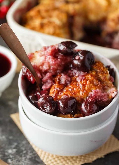 Winter Cherry Cobbler - Super easy and tastes like a dream! Tart cherries are baked in their sweet juices and topped with cake. It's bubbly and delicious. Cherry Recipes Dessert, Cherry Cobbler Recipe, Dessert Book, Simply Stacie, Canned Butter, Cherry Sauce, Candied Sweet Potatoes, Canned Cherries, Fruit Cobbler