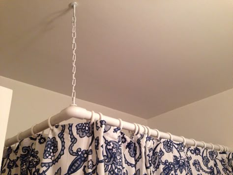 Comer Shower rod for corner tub/shower with PVC pipe and chandelier chain. Really strong and holds well. Pvc Shower Curtain Rod, Diy Shower Curtain Rod For Clawfoot Tub, Diy Showers, Bathtub Shower Curtain, Corner Bathtub Shower, Corner Tub Shower, Bathroom Remodel Diy, Double Shower Curtain Rod, Corner Shower Curtain Rod