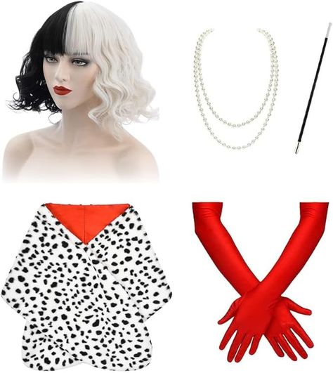 5 Pcs Dalmatian Costume Include Dalmatian Shawl Red Gloves Black White Wig and Pearl Necklace : Amazon.ca: Clothing, Shoes & Accessories Cruella Deville Costume, Black And White Wig, Dalmatian Costume, 1920s Costume, White Wig, Faux Fur Stole, Cruella Deville, Red Gloves, Cosplay Accessories