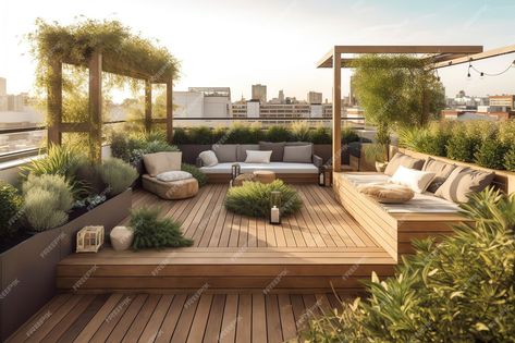 Premium AI Image | A rooftop deck with a wooden deck and a wooden bench with a canopy Wooden Deck Terrace, Rooftop Deck Ideas Roof Terraces, House With Rooftop Deck, Seaside Apartment, Deck Planters, Deck Layout, Raised Deck, Wooden Terrace, Rooftop Terrace Design