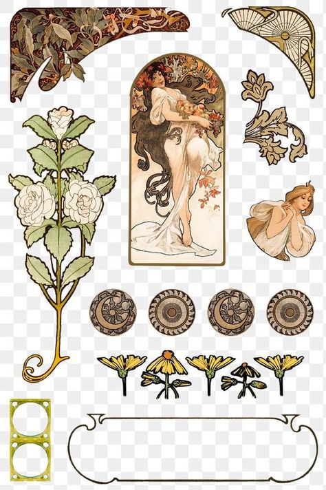 Alphonse Maria Mucha, Mucha Inspired Art, Art Noveau Drawings, Art Nouveau Collage, Art Nouveau Animals, Art Nouveau Drawing, Art Nouveau Portrait, Art Nouveau Ornament, Art Nouveau Woman