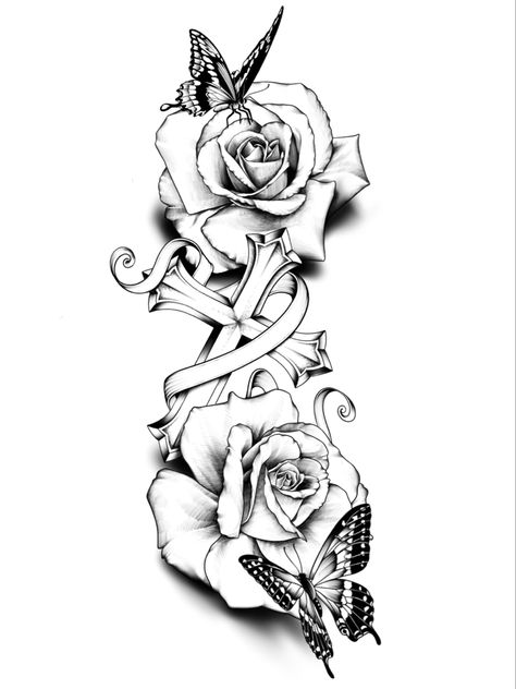 Crosses And Roses Tattoos, Crosses With Roses Tattoo, Grown Women Tattoos, God And Roses Tattoo, Full Female Sleeve Tattoo, Roses With Rosary Tattoo Half Sleeves, Tattoo Ideas Female Meaningful Arm Sleeve, Rose And Butterfly Tattoo Arm, Heart And Rose Tattoo Design