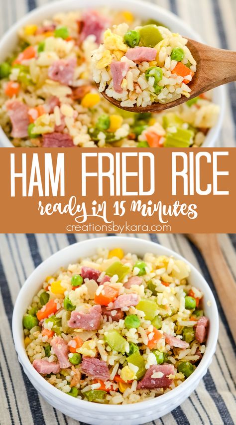 Whip up some awesome Ham Fried Rice quickly and easily with this simple recipe! Ready in 25 minutes, it's delicious and perfect for all occasions. #hamfriedrice #friedricewithham @Creations by Kara Ham Fried Rice Easy, Rice And Spam Recipes, Ham Fried Rice Recipe Easy, Ham Fried Rice Recipe, Ham Rice, Ham Fried Rice, Fried Ham, Spam Recipes, Flavorful Dinner