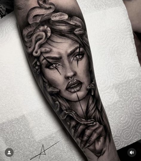 Modern Medusa Tattoo, Bottom Half Sleeve Tattoos For Women, Half Medusa Tattoo, Dark Medusa Tattoo, Greece Mythology Tattoo, Gothic Tattoos For Women, Koi Dragon Tattoo, Tattoos On Side Ribs, Zeus Tattoo