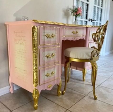 Stunning Serpentine Pink & Gold Leaf Desk/vanity With Stool - Etsy Pink Retro Vanity, Pink French Desk, Angled Pink Desk, Pink Furniture Gold, Preppy Gold Desk, Pink Vanity Office, Desk Painted The Color Paisley, Coastal Pink Vanity, Princess Computer Desk