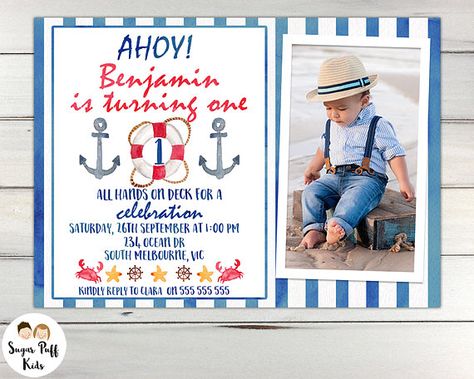 Boys Watercolor Nautical 1st Birthday Party Invition Boys Pearl Birthday Party, 1st Birthday Invitations Boy, Sailor Birthday, Watercolor Nautical, Sailor Theme, Nautical Birthday Party, Nautical Birthday, 1st Birthday Party Invitations, 2nd Birthday Invitations