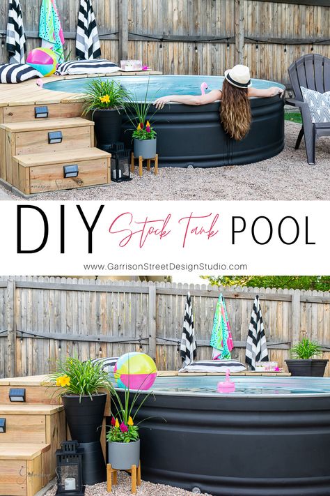 DIY Stock Tank Pool | ©GarrisonStreetDesignStudio | Stock Tank | Pool | DIY | Ideas | Awesome | Deck | Landscaping | Pump | Hidden | Chlorine | Large | Painted | Deck Ideas | Filter | DIY Backyards | Galvanized | Setup | Backyard | Small | Steps | Cost | Black | Design | Patio | Deck Around | Plunge Pool | Spool | Hillbilly Pool | Decorations | Unicorn | Flamingo | Shark Fin | LLama | Float | Metal | Where to Buy | 8ft | Yard | String | Lights | Seating | Bench | Summer | Oasis | Round Pool Diy Ideas, Large Stock Tank, Diy Stock Tank Pool, Painted Deck, Cheese House, Pool Decorations, Stock Tank Swimming Pool, Tank Swimming Pool, Stock Pools