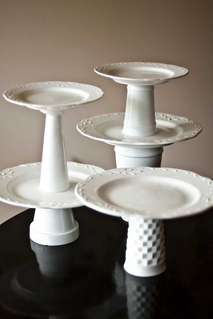 how to make your own cake stand and dessert tower! Diy Dessert Stands, Diy Dessert Stand, Dessert Stands, Diy Dessert, Diy Cake Stand, Cake And Cupcake Stand, Diy Desserts, Cheap Trick, Dessert Stand