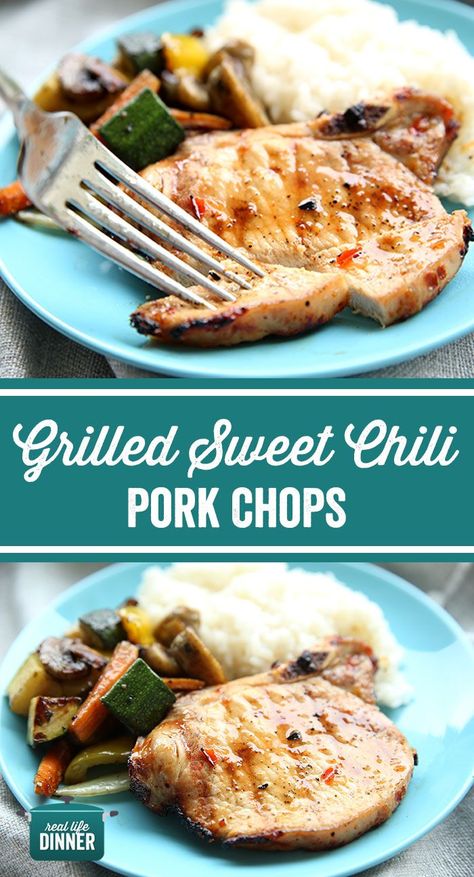 This simple marinade takes your grilled pork chops to the next level. The flavors are awesome! Serve your pork chops with this Coconut Rice and some grilled veggies. You'll LOVE IT! reallifedinner.com Chili Pork Chops, Sweet Chili Pork, Baked Pork Roast, Chili Pork, Simple Marinade, Parmesan Pork Chops, Bbq Ideas, Easy Grilling, Grilled Pork Chops