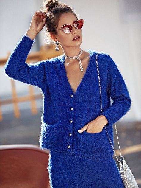 V-neck Patch Pocket Fuzzy Cardigan | SHEIN Fuzzy Cardigan, Blue Cardigan, Shein Style, Blue Pattern, Cardigans For Women, Patch Pocket, Sweater Outfits, Fashion News, Sweater Cardigan