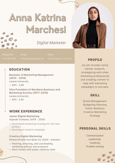 Digital Marketing Cv, Resume Design Ideas, Digital Marketing Resume, Cv Advice, Cv Ideas, Cream Pastel, Resume Ideas, Resume No Experience, Resume Advice