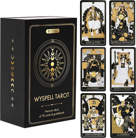 Wyspell Classic Tarot Cards with Guide Book - 78 Gold Tarot Cards for Beginners Tarot Cards Set - Black Tarot Decks with Guidebook - Original Tarot Cards Deck - Tarot Deck with Guidebook Gold Tarot Cards, Tarot Cards Set, Golden Thread Tarot, Beginners Tarot, The Chariot Tarot, Modern Tarot Deck, Diy Coloring Books, Unique Tarot Cards, King Of Cups