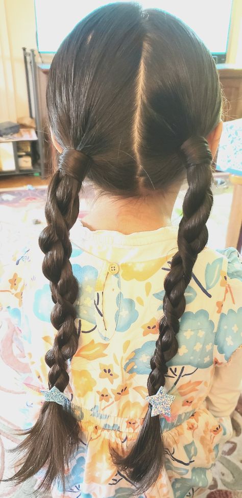 Coiled rope braid low pigtails Pigtails Low, Low Pigtail Braids, Low Braided Pigtails, Braids Medium Length Hair, Hairstyle Pigtails, Braid Plaits, Braids Medium Length, Low Pigtails, Hair Pigtails