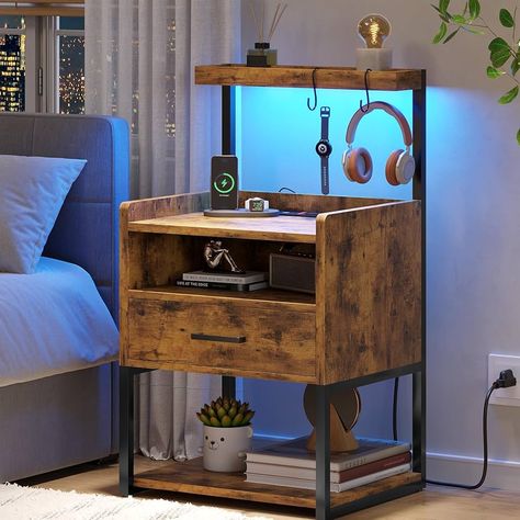 Tall Nightstands, Side Tables For Bedroom, Nightstand With Charging Station, Black Nightstand, Rustic Nightstand, Fabric Drawers, Drawer Shelves, 2 Drawer Nightstand, Sofa Side Table