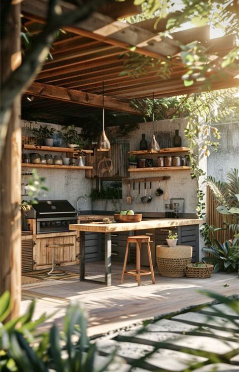 Outdoor French Kitchen, Open Kitchen Garden, Kitchen Garden Ideas Outdoor, Outdoor Simple Kitchen, Garden Cooking Area, Tiny Outdoor Kitchen, Outside Kitchen Ideas Outdoor Spaces, Outdoor Kitchen Simple, Simple Open Kitchen