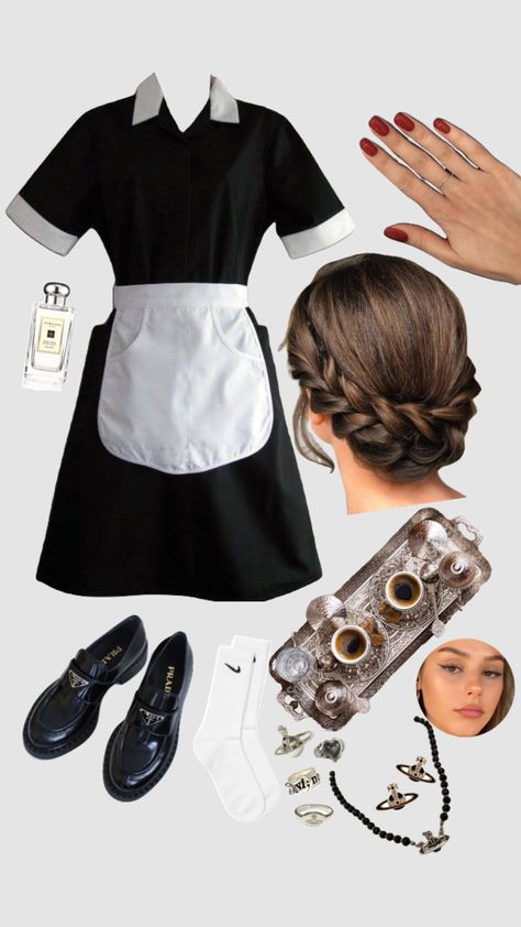 1920s Maid Outfit, House Keeper Outfit, Yvette Costume Clue, Hotel Maid Uniform, Royal Maid Uniform, Maid Uniform Modern, Bar Maid Outfit, Clue Photoshoot, Job Uniform