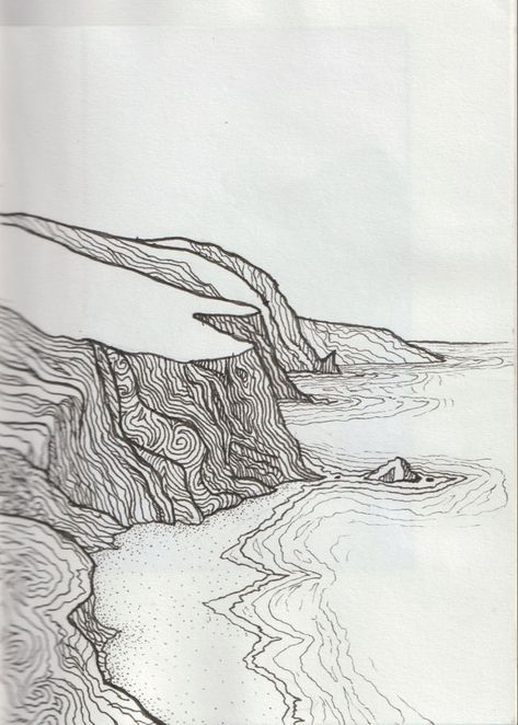 Cliff Drawing Easy, Beach Ink Drawing, Cliff Edge Drawing, Nature Drawings Aesthetic, Pen Sketches Easy, Seascape Tattoo, Earthy Drawings, Sharpie Sketches, Coastline Tattoo