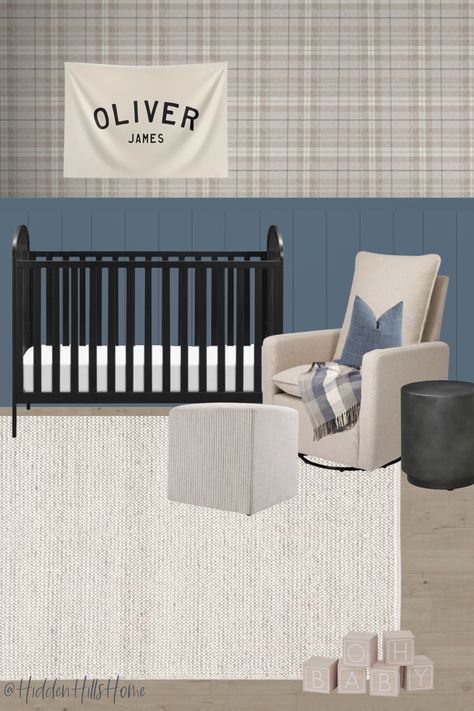 Baby boy nursery decor mood board! Cute nursery decor ideas for boys Grey And Blue Nursery Ideas, Moody Blue Nursery, Boy Nursery Black Crib, Black Crib Nursery Ideas, Navy Blue Nursery Boy, Dusty Blue Nursery, Hanson Upholstered Bed, Dark Blue Nursery, Blue Boy Nursery