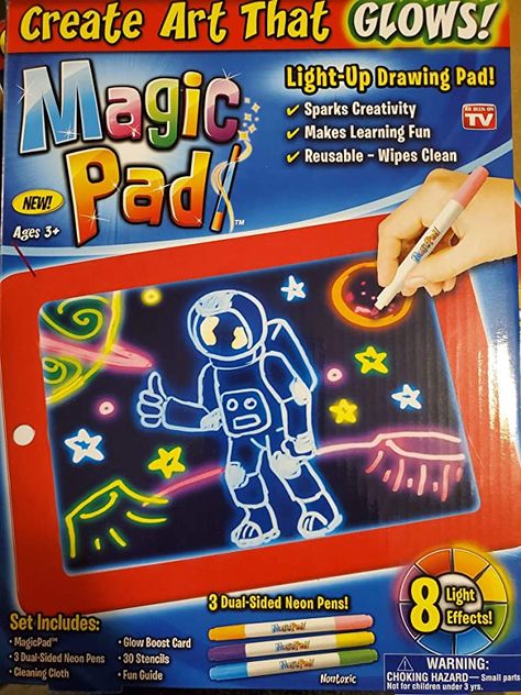 Amazon.com: Ontel Bonus Magic Pad Deluxe Light Up LED Drawing Tablet with Extras - Includes 4 Dual Side Markets, Dry Eraser, Glow Boost Card, Fun Guide, 42 Stencils, and Carrying Case : Toys & Games Neon Markers, Pink Alien, Magic Drawing, Reusable Wipes, Best Cleaning Products, Sketch Pad, Drawing Pad, Cute Pens, Drawing Tablet