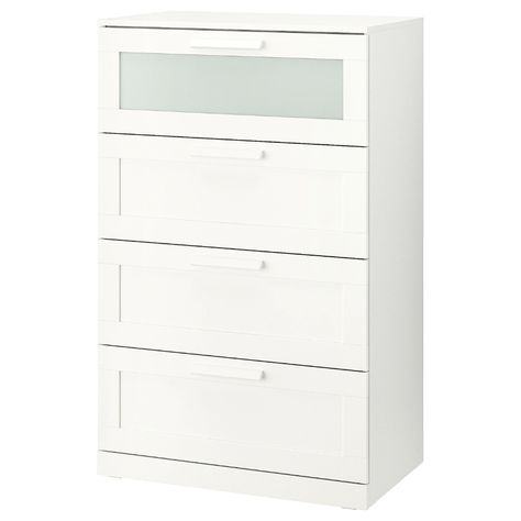 IKEA - BRIMNES, 4-drawer dresser, white/frosted glass, Of course your home should be a safe place for the entire family. That’s why hardware is included so that you can attach the chest of drawers to the wall. This high chest gives you plenty of storage without taking up too much room. Brimnes Headboard, Brimnes Bed, Ikea Brimnes, Ikea Drawers, Dresser White, Ikea Dresser, 8 Drawer Dresser, 4 Drawer Dresser, White Chests