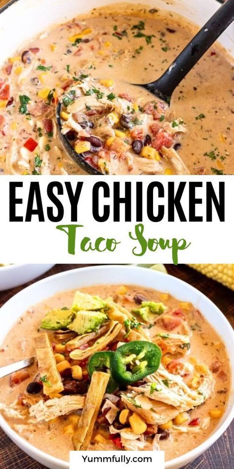 My family loves tacos and when the weather starts to get cold, I love to make a big pot of creamy chicken taco soup. This is a very easy chicken taco soup because you make it with leftover rotisserie chicken and all you have to do is dump all the ingredients into the pot!