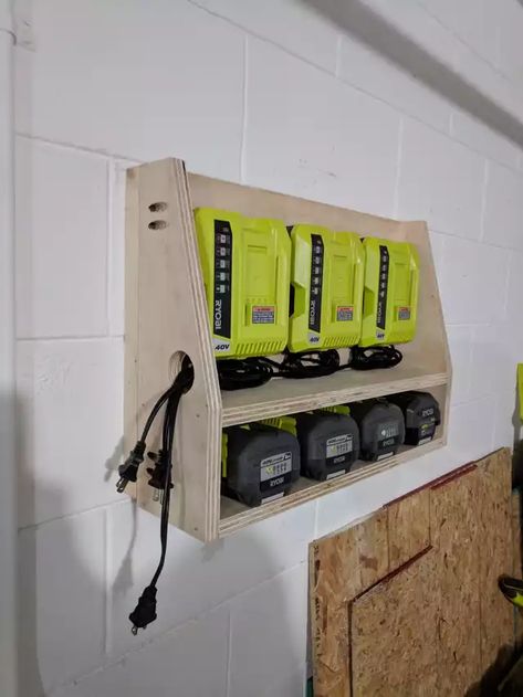 Picked up some free 7ply at Home Depot - Imgur Ryobi Charging Station, Ryobi Battery Charging Station, Garage Charging Station, Power Tool Battery Charging Station, Ryobi Battery Storage, Tool Charging Station Diy, Tool Battery Charging Station, Tool Charging Station, Battery Charger Station