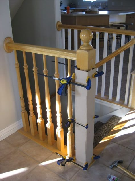 Stair Banister Renovation Using Existing Newel Post and Handrail Banister Remodel, Railing Makeover, Stair Newel Post, Stair Railing Makeover, Diy Stair Railing, Stair Banister, Stair Makeover, Handrail Design, Stair Ideas