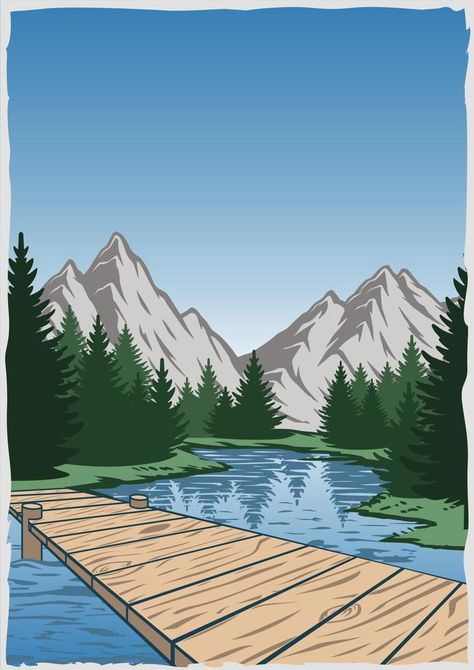 Colour vintage poster with mountain lake Mountain Easy Drawing, Mountain Lake Illustration, How To Draw A Lake, Mountain Lake Drawing, Lake Drawing, Yearbook Cover, Reunion Decorations, Mountain Poster, Mountain Graphic