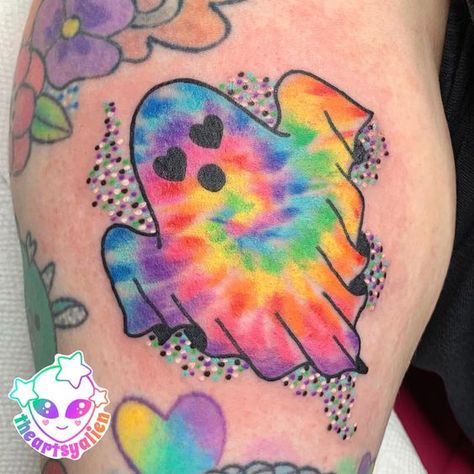 Eerie Tattoos, Tie Dye Tattoo, Halloween Flash Tattoo, Neon Tattoo, Halloween Flash, Colorful Tattoo, Hippie Tattoo, Bright Tattoos, Rainbow Tattoos