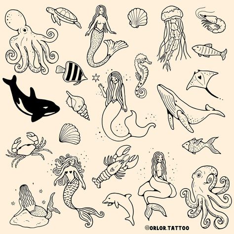 sea life flash available now yay 🧜‍♀️ 🐋 🐚 🦞 🐠🪼🦐🦀🐙 there’s still so many sea life creatures I want to draw 😭 I want to draw seals, sharks, more more more jellyfish. what else should I draw if I do another sea life flash? message me to enquire about your tattoo idea! I have space next week to tattoo :) all designs available for handpoke all my flash is repeatable #sealifeflash #oceanflash #mermaidtattoo #whaletattoo #octopustattoo #handpokedtattoo #essextattoo #hertfordshiretattoo #suffolkta... Simple Sea Creature Tattoo, Sea Creature Tattoo, Sealife Drawing, Creature Tattoo, Sea Life Tattoos, Sea Creatures Drawing, Sea Life Creatures, Tattoos 2024, Sea Tattoo