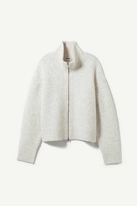 Snug Zip Cardigan - Off-white - Weekday GB White Knitwear, Textured Knit Cardigan, Swedish Street Style, Jersey Cardigan, White Sweater Cardigan, Rib Knit Cardigan, Belted Cardigan, Fitted Cardigan, Zip Cardigan