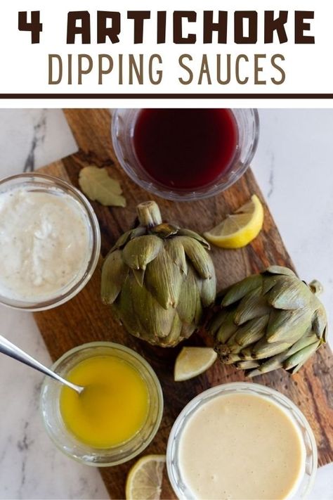 Try these FOUR different artichoke dipping sauces that are all SO SIMPLE to make and each require just a few ingredients to make! Artichoke Dipping Sauce, Dipping Sauce Recipes, Dipping Sauce For Artichokes, Artichoke Sauce, Vegetarian Sauces, Fried Artichoke, Baked Artichoke, Lemon Garlic Sauce, Grilled Artichoke