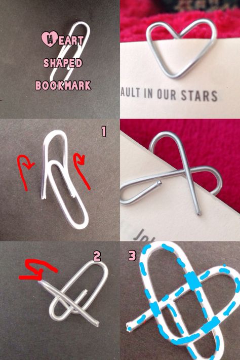 DIY Heart Shaped Bookmark  1) fold larger curve upward  2) twist around into a heart shape   Perfect for valentines day reading! Paperclip Crafts, Diy Heart, How To Fold, Paper Clip, Upside Down, A Heart, Heart Shape, Collage Art, Heart Shapes