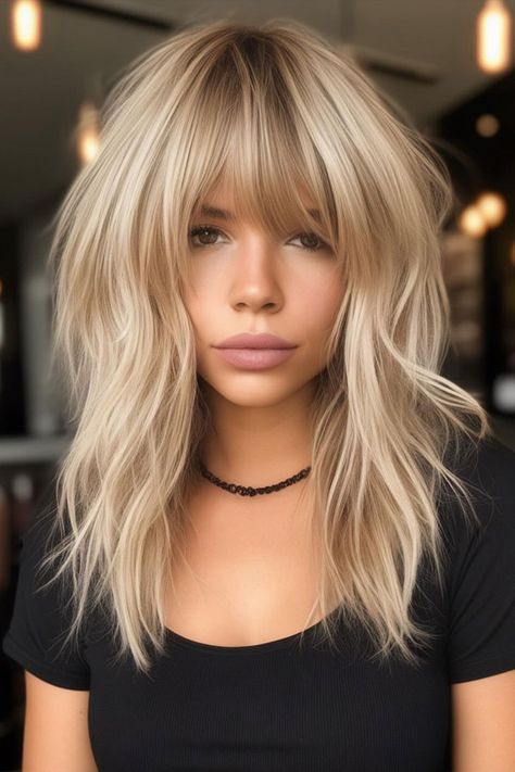 Modern Bridgette Bardot Hair, Flipped Out Hairstyles, Medium Blonde Shag Haircut, Long Shag Fine Hair, Blonde With Bangs Medium, Shag Blonde Hair, Long Bob Pony, Blonde Shoulder Length Hair With Bangs, Platinum Blonde Hair With Bangs