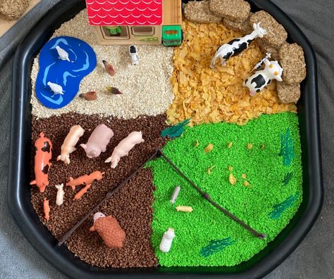 On The Farm Tuff Tray, Farm Tuff Tray Ideas Preschool, Farm Animal Tuff Tray, Farm Animals Tuff Tray Ideas, Farm Messy Play, Farm Tuff Tray Ideas, Animal Tuff Tray Ideas, Cousin Birthday Quotes, Baby Room Activities