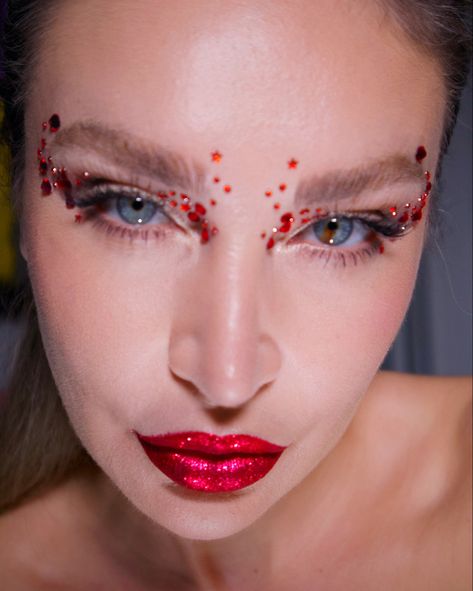 Red Diamond Eye Makeup, Red Rhinestone Makeup Looks, Red Jewel Makeup, Red Rhinestone Eye Makeup, Red Gems Makeup, Rhinestone Blood Makeup, Red Gem Makeup, Red Birthday Makeup, Sparkle Makeup Glitter