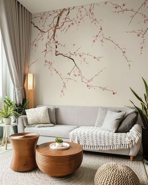 Cherry Blossom Wallpaper, Modern Mural, Focus Wall, Custom Murals, Wall Designs, Wall Paintings, Modern Wallpaper, Plum Blossom, Room Interior Design