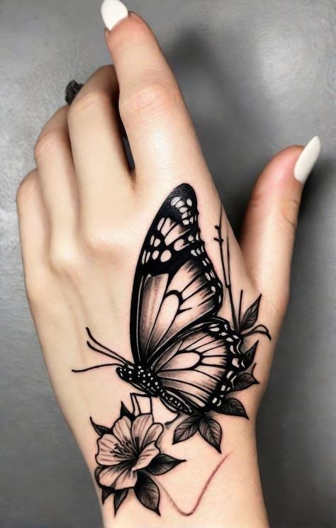 Butterfly Tattoo Hand, Nan Tattoo, Diana Tattoo, Girly Hand Tattoos, Tatuaje Cover Up, Black Butterfly Tattoo, Butterfly With Flowers Tattoo, Earthy Tattoos, Butterfly Hand Tattoo