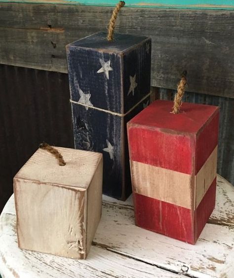 4x4 Crafts, 4x4 Wood Crafts, Wooden Firecrackers, Americana Crafts, Scrap Wood Crafts, 4th July Crafts, 4th Of July Decor, Wood Block Crafts, Fourth Of July Decor