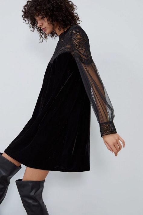 The gorgeous €30 Zara dress to snap up immediately and keep for party season | Her.ie Zara Velvet Dress, High Collar Dress, Multiple Outfits, Trim Dress, Zara Dress, Velvet Trim, Seasonal Fashion, Zara United States, Collar Dress