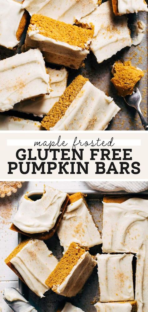 These gluten free pumpkin bars are super moist and smothered in a silky maple cream cheese frosting. An utter classic for fall! Recipes With Vegan Butter, Gluten Free Pumpkin Desserts, Gluten Free Desserts Thanksgiving, Gluten Free Pumpkin Bars, Butternut Bakery, Maple Cream Cheese Frosting, Maple Cream Cheese, Dairy Free Pumpkin, Gluten Free Thanksgiving