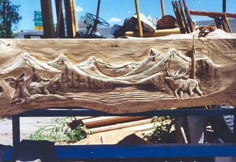 Bed Desk Ideas, Rustic Fireplace Mantle, Bear Bench, Fireplace Mantle Ideas, Wood Mantle Fireplace, Carved Fireplace, Cowboy Hat Styles, Chainsaw Art, Woodcarving Ideas