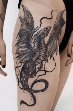 Griffon Tattoo, Thestral Tattoo, Hip Tattoos For Women, Dragon Thigh Tattoo, Black Dragon Tattoo, Hip Tattoos, Dragon Tattoo For Women, Muster Tattoos, Fantasy Tattoos