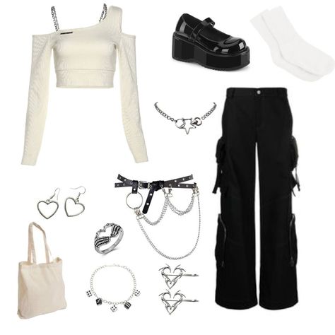 cute chains metal necklace mary janes socks off shoulder tote cargo pants hair clips beige Mary Janes Outfit Pants, Mary Janes With Pants, Cute Chains, Glue Song, Mary Janes Outfit, Mary Jane Shoes Outfit, Dark Outfits, Metal Necklace, Mary Jane Shoes