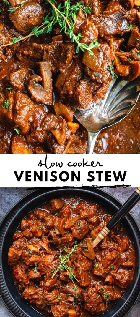 Venison Stew Crockpot, Venison Recipes Crockpot, Venison Casserole, Stew With Mushrooms, Venison Steak Recipes, Crockpot Steak Recipes, Recipe With Beef, Beef Shin, Slow Cooker Venison