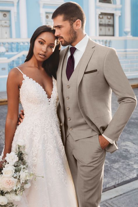 The perfect suit for an outdoor wedding or semi-formal occasion, the Sand Brunswick Suit by Allure Men is a fashion-forward choice. Tailored in a 60/40 super... Sand Suit, Tan Tux, Tan Tuxedo, Racial Couples, Allure Men, Wedding Suit Ideas, Terno Slim, Groom Suits, Groom Wedding Attire