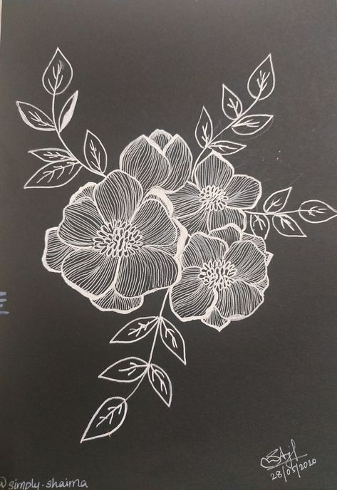 Floral Pen Drawing, Drawings With White Pen, White Gel Pen Drawings On Black Paper, White Gel Pen On Black Paper, White Flower Drawing On Black Paper, Painting With White Pen, White Pen Black Paper Drawings, Black And White Simple Paintings, White Paint Pen Art